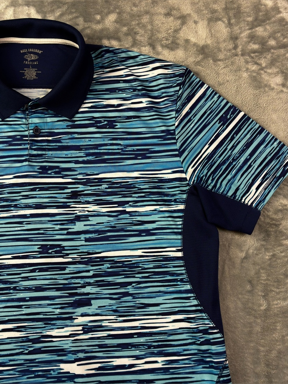 Reel Legends Freeline Polo Size Large Abstract Ocean Performance Short Sleeve